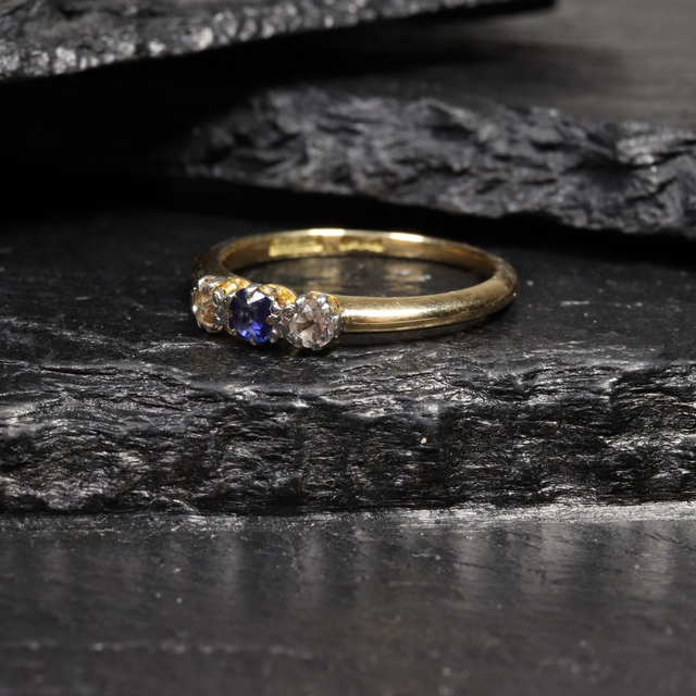 Edwardian 18K 18Ct 750 Solid Yellow Gold Vivid Blue Sapphire And Diamond Trilogy Natural Gemstone BHJ Designed Ring Size O 1/2 - 7 1/4