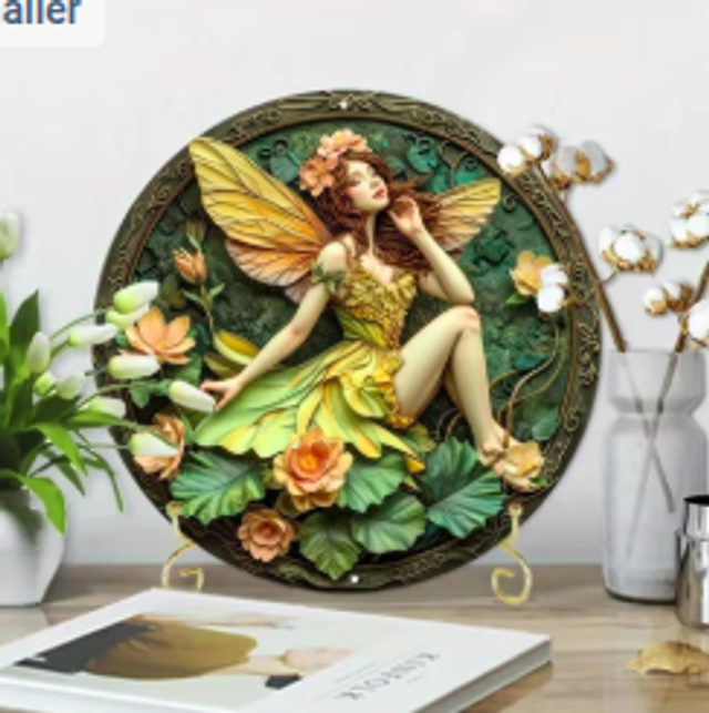 Wanddecoratie metalen bord Lente Fee (20cm diameter)