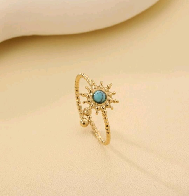 Bague en Turquoise motif soleil- ajustable - couleur or - en acier inoxydable 