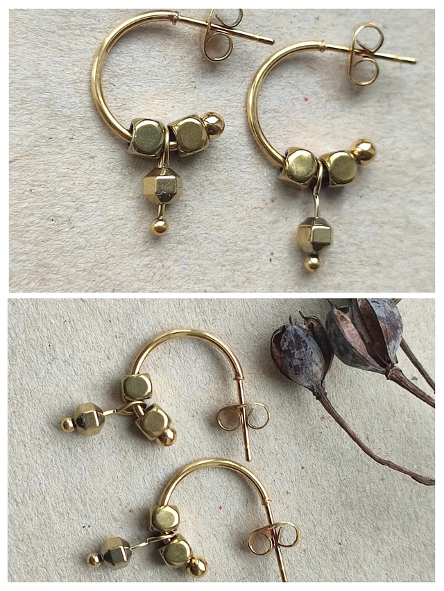 Créoles hématite doré : pierres naturelles en acier inoxydable doré -sans nickel, pièce unique 