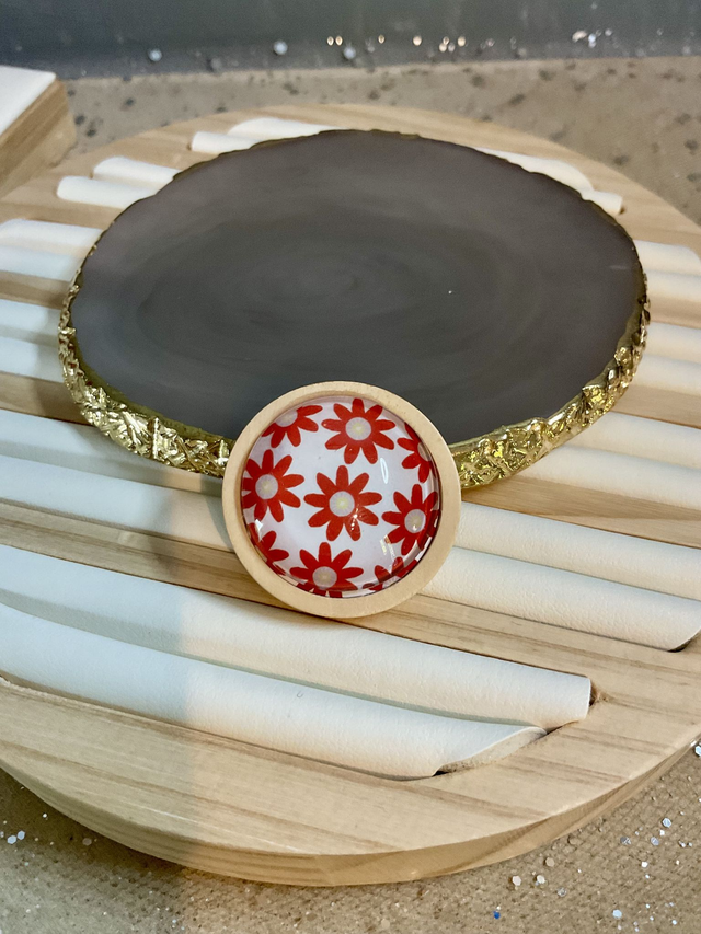 Handmade glass brooch with printed design. Clothes accessories. 