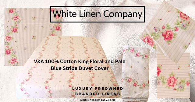 V&A 100% Cotton Pale Blue Stripe and Pink Floral King Duvet Cover