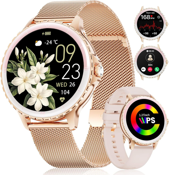 Montre Connectée Femme Dorée – Acier Inoxydable, Appel Bluetooth, Suivi Cardiaque & Sommeil, +100 Modes Sport 🌸