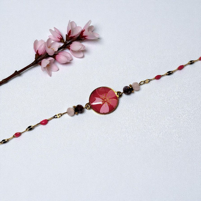 bracelet acier inoxydable motifs japonais rose fuchsia