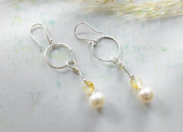 Pendientes de plata 925 con perlas y cuarzo rutilado