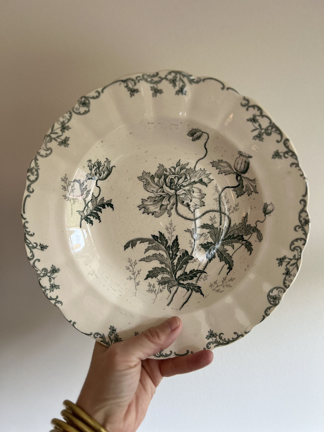 **RESERVEE** PAVOTS GRIS-VERT - Suite de 6 assiettes creuses modèle Pavots par la manufacture française Choisy le Roi (H. Boulenger) - Terre de Fer