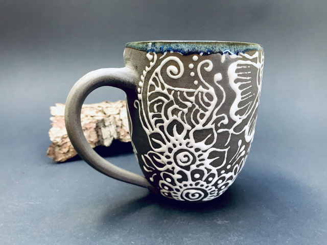 Large Stoneware Mug with Henna Patterns, dark clay, charcoal color, handmade