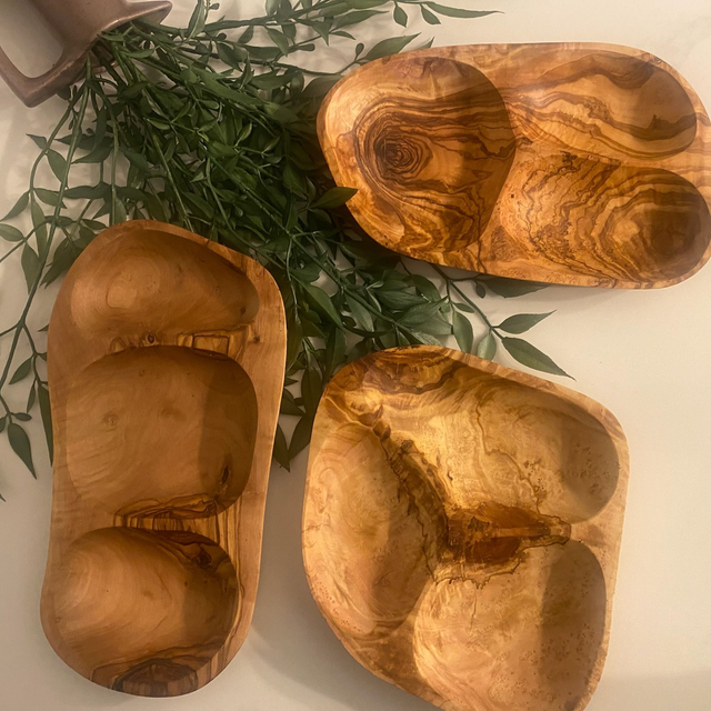 Olive Wood Plate with 3 Sections – Handcrafted Serving Dish for Snacks, Dips & Tapas