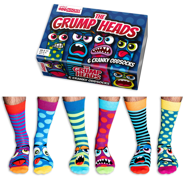 United Oddsocks Grump Heads Men’s Odd Socks Gift Box – 6 Colourful Mismatched Socks UK 6–11