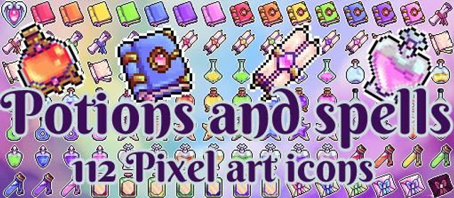 Potions and Spells pixel art icon set
