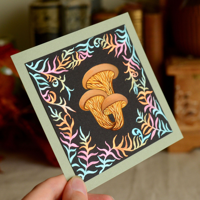 "Golden Mushrooms" Original Gouache and Metallic Watercolor Painting