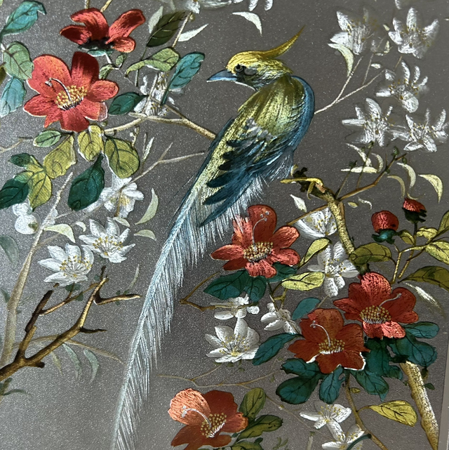 The 'Chinoiserie Bird' Vintage 1970s Chinese Foil Art – Shimmering Bird of Paradise Metallic Picture