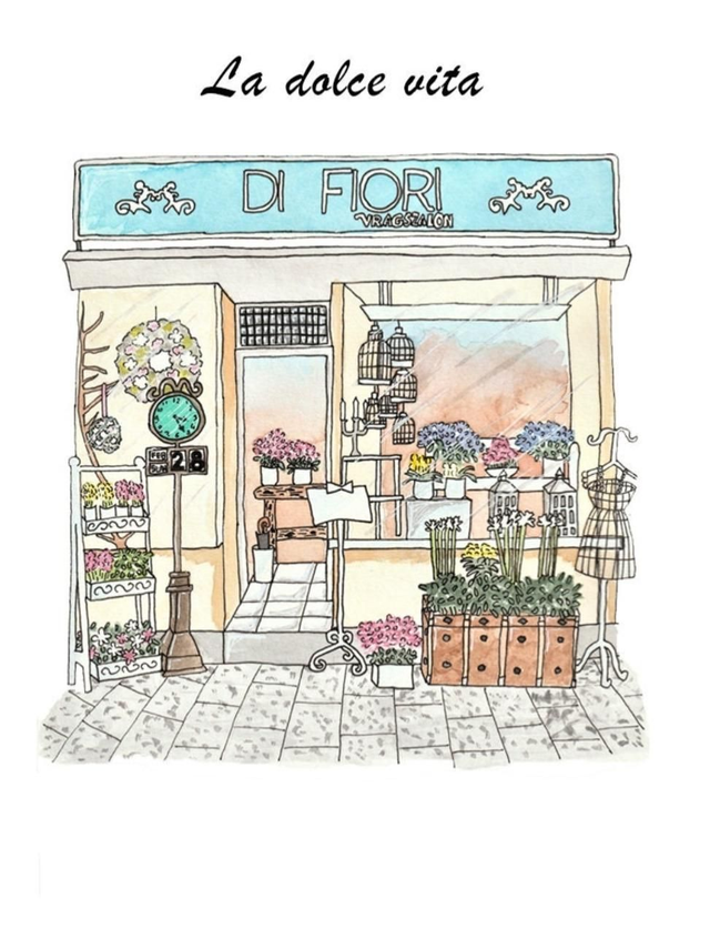 Affiche aquarelle "Boutique de Fleurs en Italie - Dolce Vita"