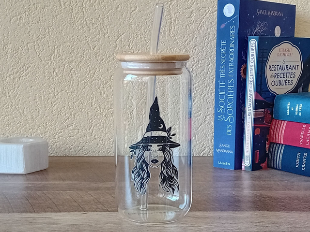 Gobelet en Verre 550ml - Jolie Sorcière - Paille en Verre et Couvercle en Bambou