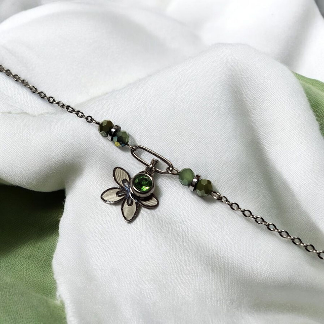 Bracelet acier inoxydable et strass vert et argenté