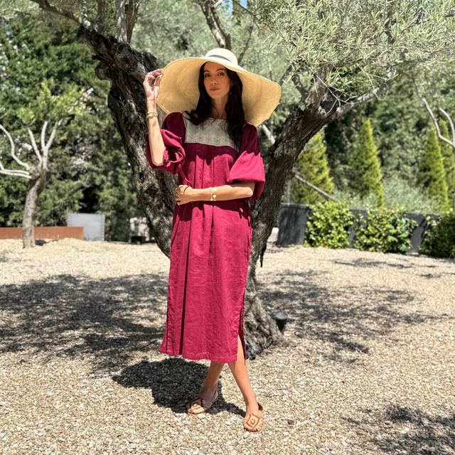 Vestido lino burgandi manga larga  