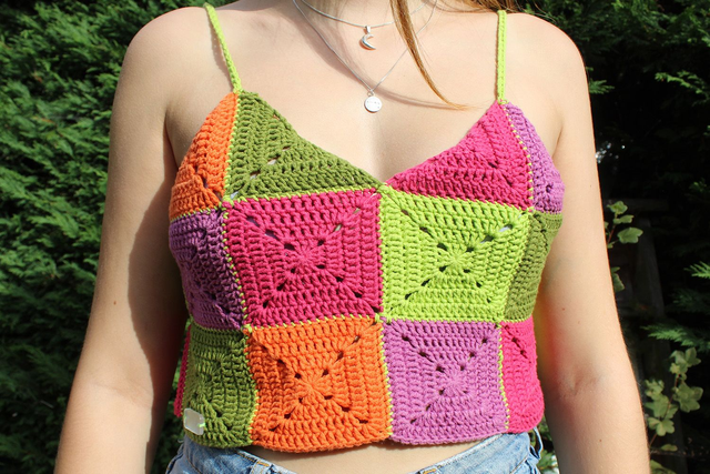 Pink, Orange, Green &amp; Purple Granny Square Crop Top