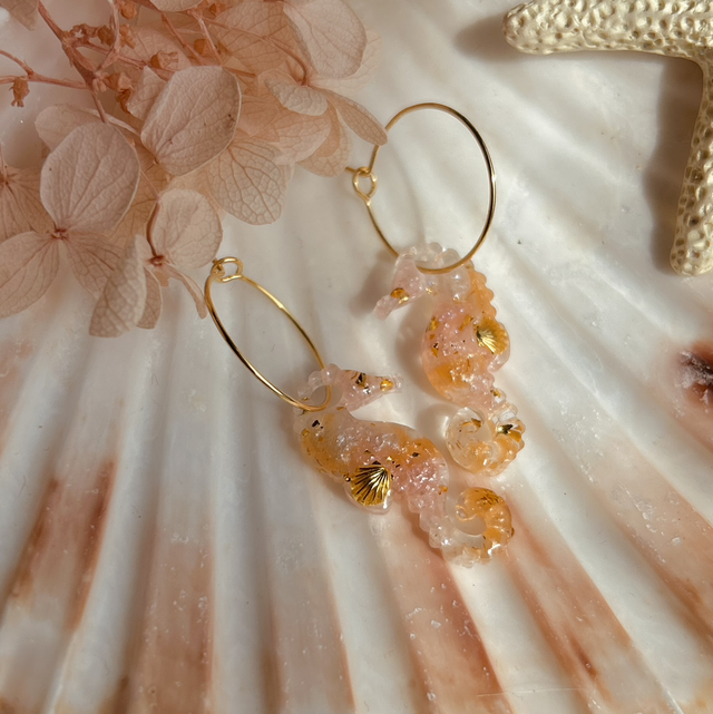 Seahorse Hoop Earrings Gold Plated Pink