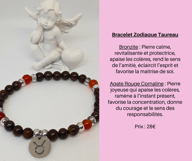 12- Bracelet Zodiaque Taureau- Bronzite et Agate Rouge Cornaline