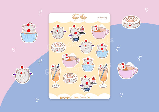 A6 Final Fantasy inspired Moogle Kupo Kafe Matte Journal Planner Sticker Sheet