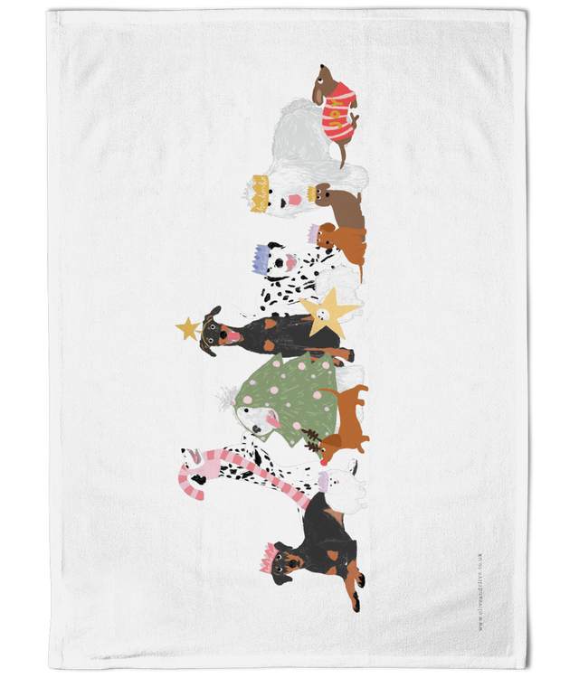 Illustrated Cotton TeaTowel - Christmas Dogs