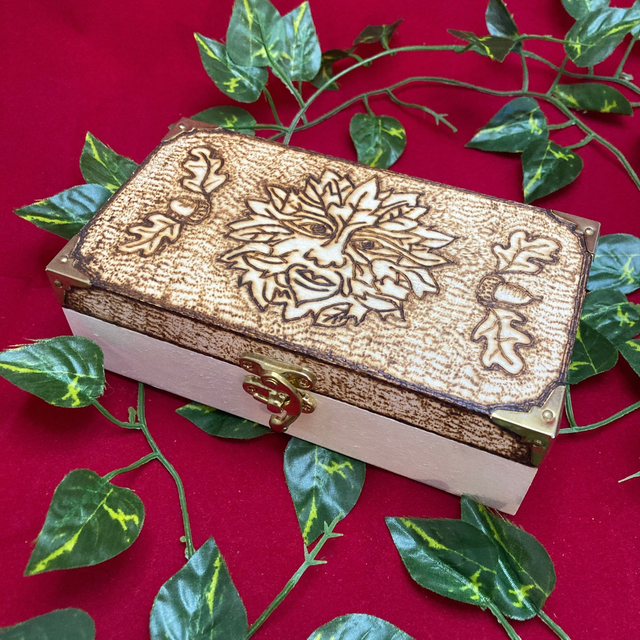 "Green Man" Flat Topped Hand-Pyrographed Wooden Tarot Box 