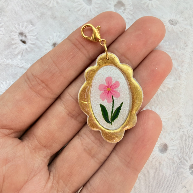 Vintage Gold Frame Pink Cosmos Flower Charm