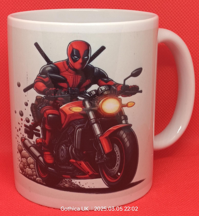 Custom Printed Deadpool Biker Mug.