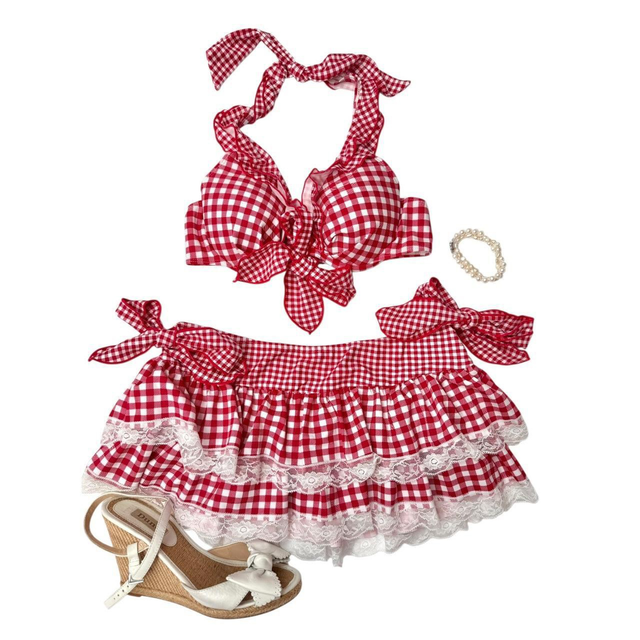 coquette red gingham japanese 3 piece bikini set