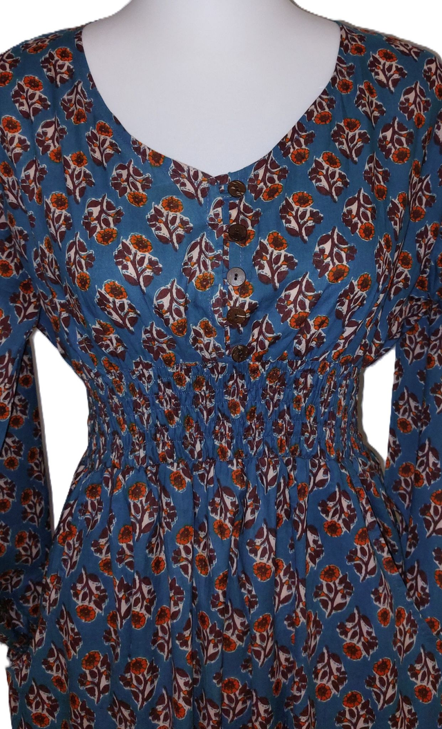 Robe manches-longues en coton indien - Motif floral - Éthique et Naturel – Style Bohème Chic - Col V ou rond