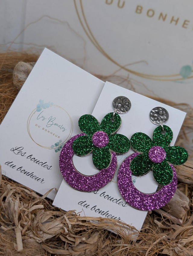 Boucles d&#039;oreilles Baby Marguerite paillettes vert violet bm1158