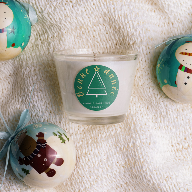 Bougie artisanale parfumée en cire de soja avec étiquette personnalisée - Cadeau pour Noël, Nouvel An, Fêtes de fin d'année, 100g (JN05)