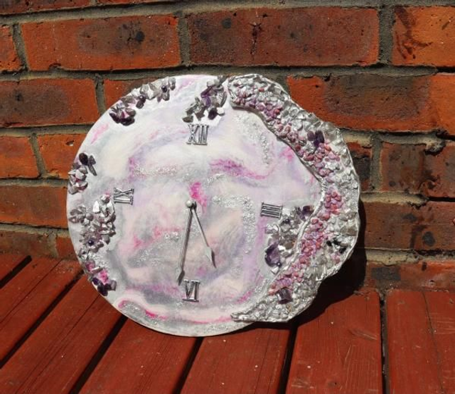 Wall Clock Fluid Art with crystals, 