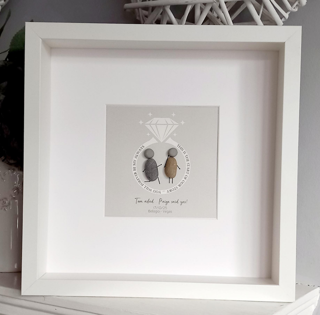 Personalised Engagement Pebble Art Gift | Custom Framed Couple Artwork with Names, Date & Location | Unique Engagement Keepsake