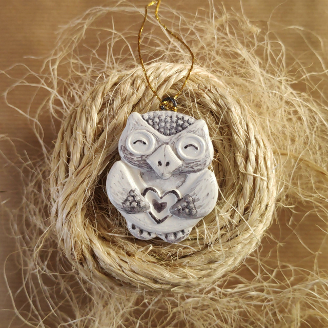 Clay owl ornament  - christmas tree decor - Air dry clay decor - white christmas