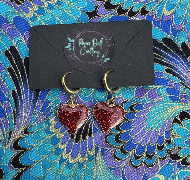 Red Glittery Gold Heart Huggy Hoop Earrings 