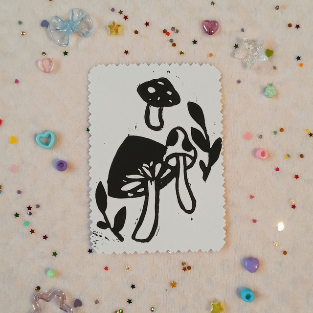 Mushrooms linocut print