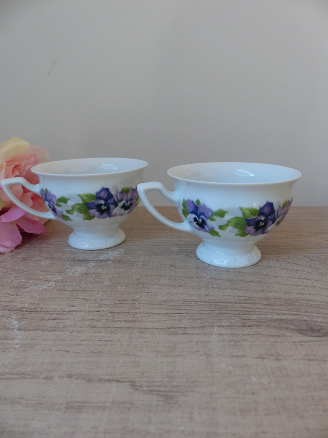 Deux tasses à café porcelaine Rosenthal Collection Classic, Allemagne, tasses romantiques fleurs pensées violettes, cadeau couple ami maison