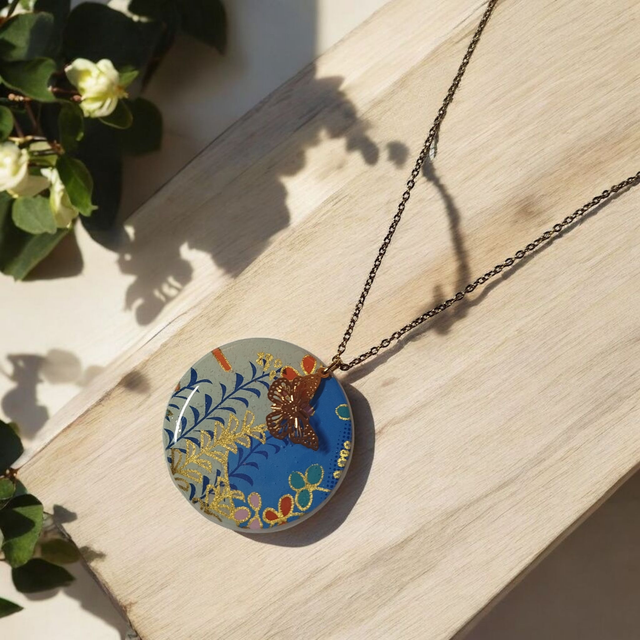 Collier acier inoxydable motifs japonais bleu vert