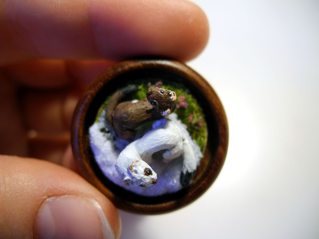 Ermines - OOAK Biosphere Wood Jewelry - Clear glass globe with two delicate Ermines inside– winter/spring inspired jewelry