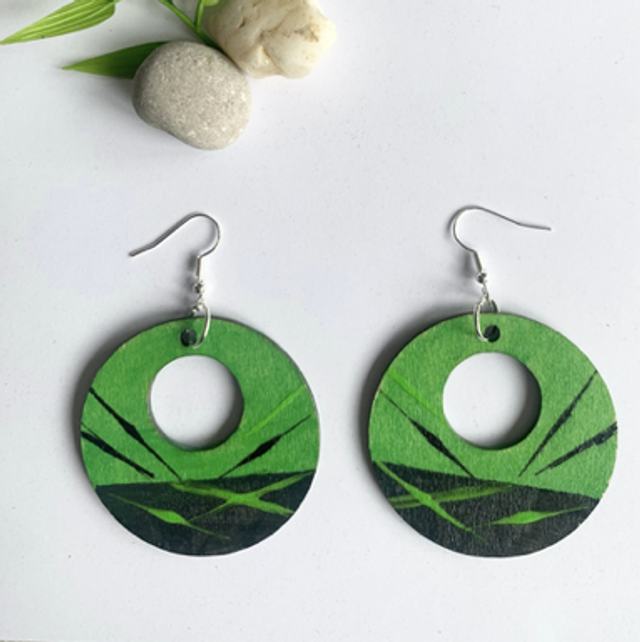 Wooden hand painted Circular Drop Earrings . Large 5.5cm diameter. Green circular earrings. Black circular earrings