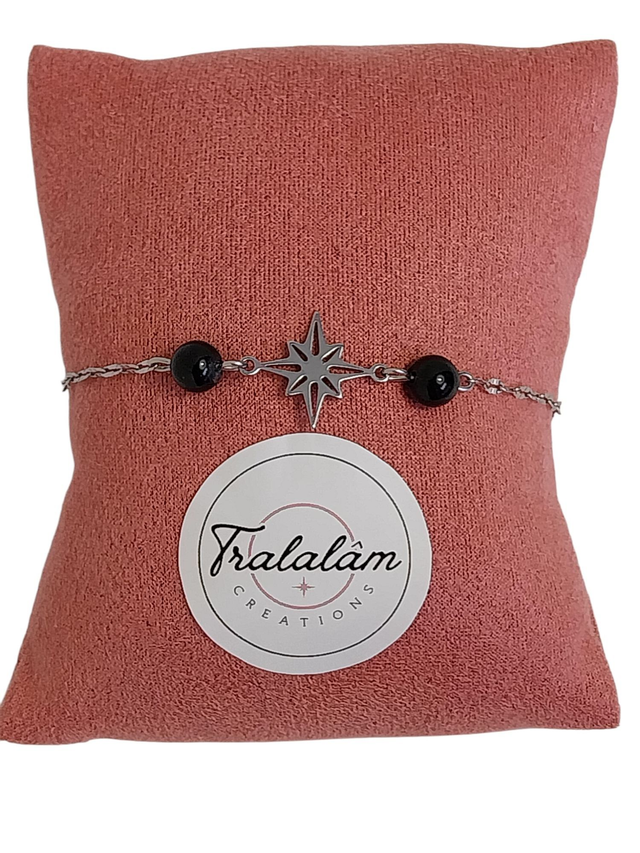 ✨Bracelet &quot;chaîne fine argentée MA BONNE ÉTOILE et perles noires onyx&quot;✨(59BRA)