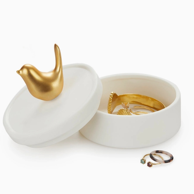 Boîte à bijoux Birdie en porcelaine blanche mate avec oiseau doré
