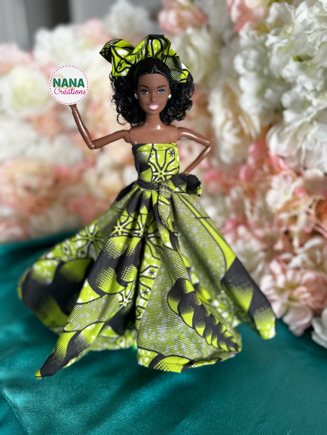 Poupée – Robe longue en Wax verte &amp; Coiffe assortie - Fait main