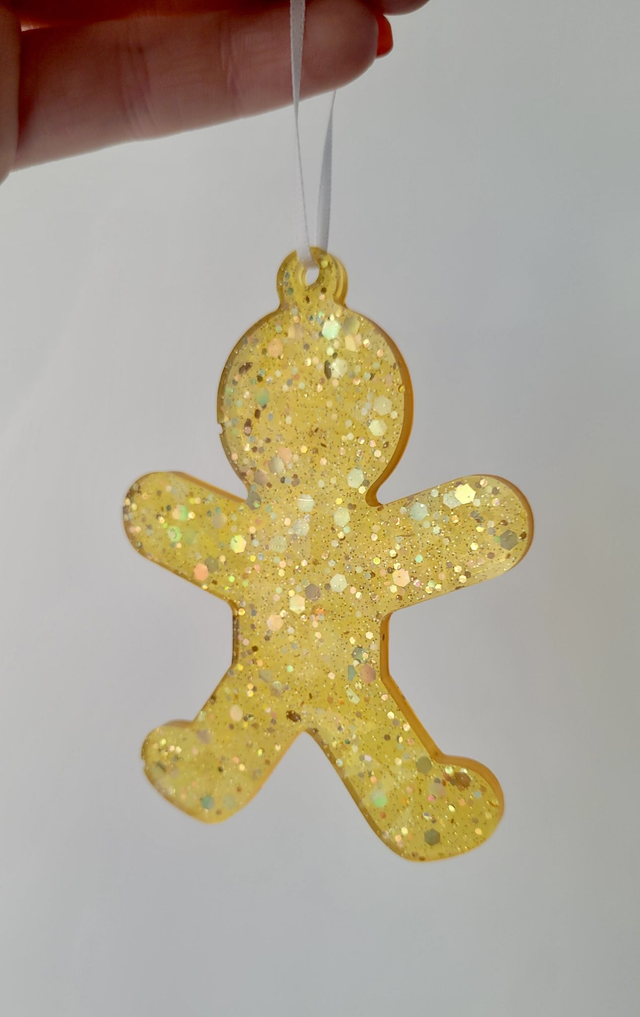 Gingerbread Man Christmas Tree Bauble Decoration - Biscuit Yellow Glitter