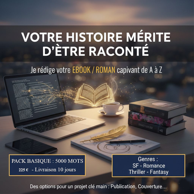 Rédaction EBOOK / ROMAN (SF, Romance, Thriller, Fantasy) – Forfait 15 000 mots