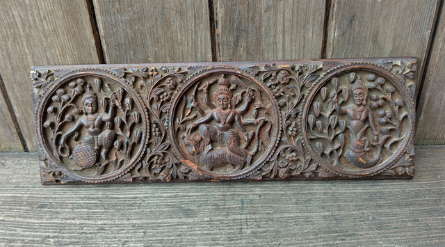 Old finely carved wooden plaque depicting Indian Religious Deitys 
