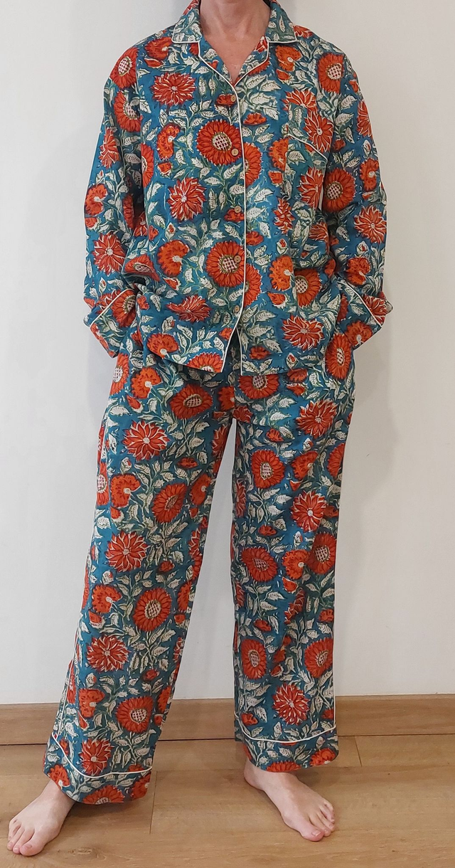 Pyjama femme en coton léger imprimé à la main – Ensemble boutonné deux pièces - orange et bleu canard