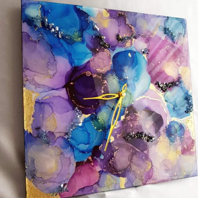Handmade Resin Wall Clock with Blooming Effect and Crushed Glass Stones, Square 30cm