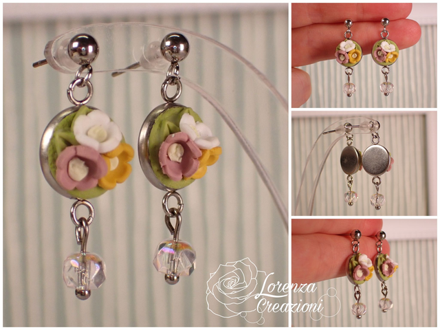 Orecchini pendenti floreali con trio di fiori e piccola perlina, bianco, rosa antico e giallo papaya